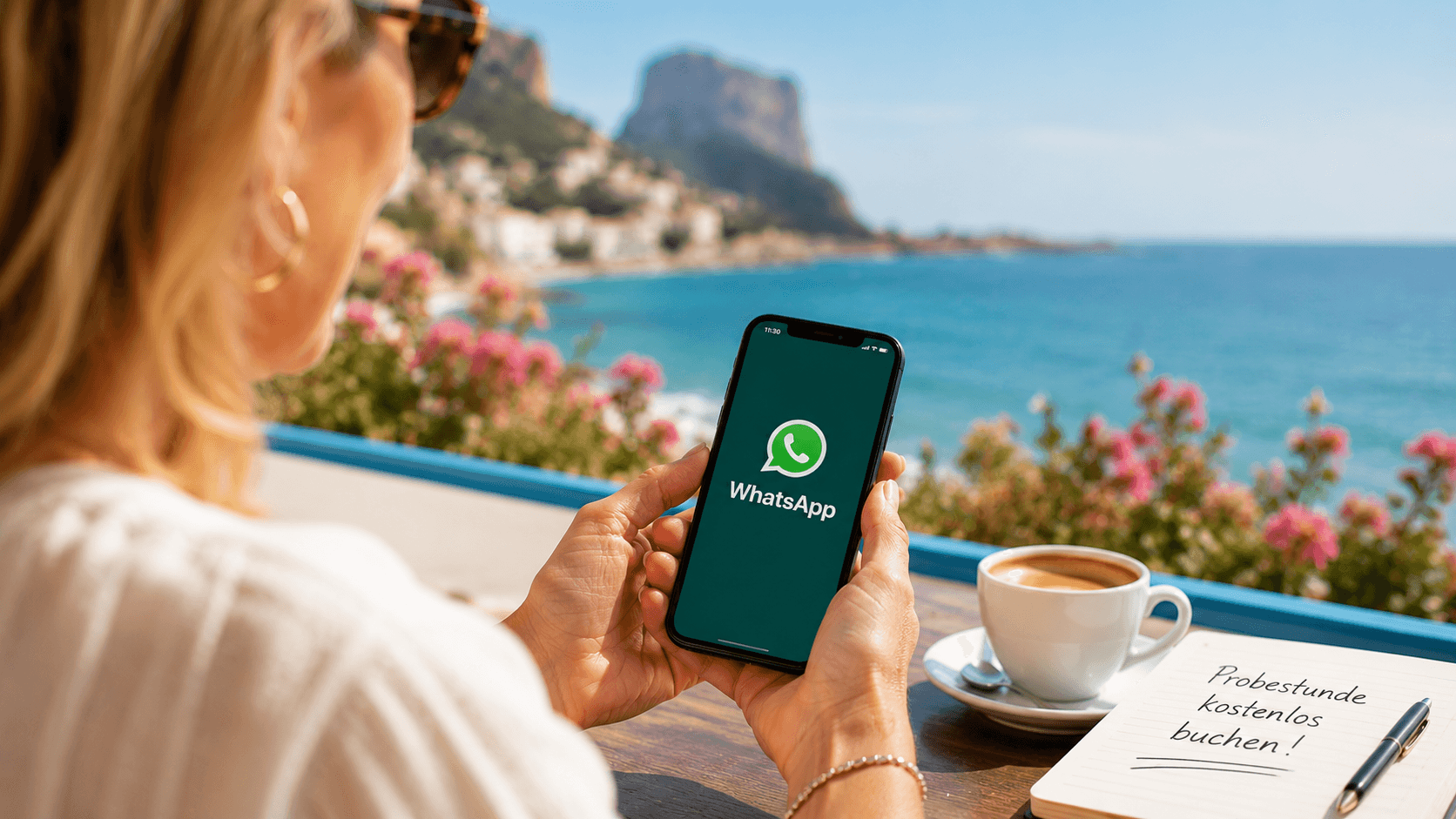 Eine Frau meldet sich per WhatsApp für eine Spanisch-Konversationsgruppe in Calpe an und geniesst dabei den Blick aufs Meer.