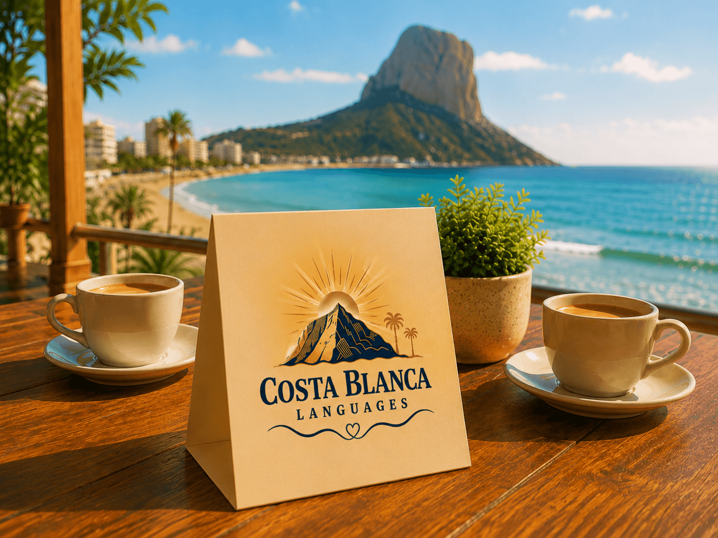 Tischkarte mit dem Logo von Costa Blanca Languages auf einem Tisch in einem Restaurant am Meer in Calpe mit Blick auf den Peñón de Ifach