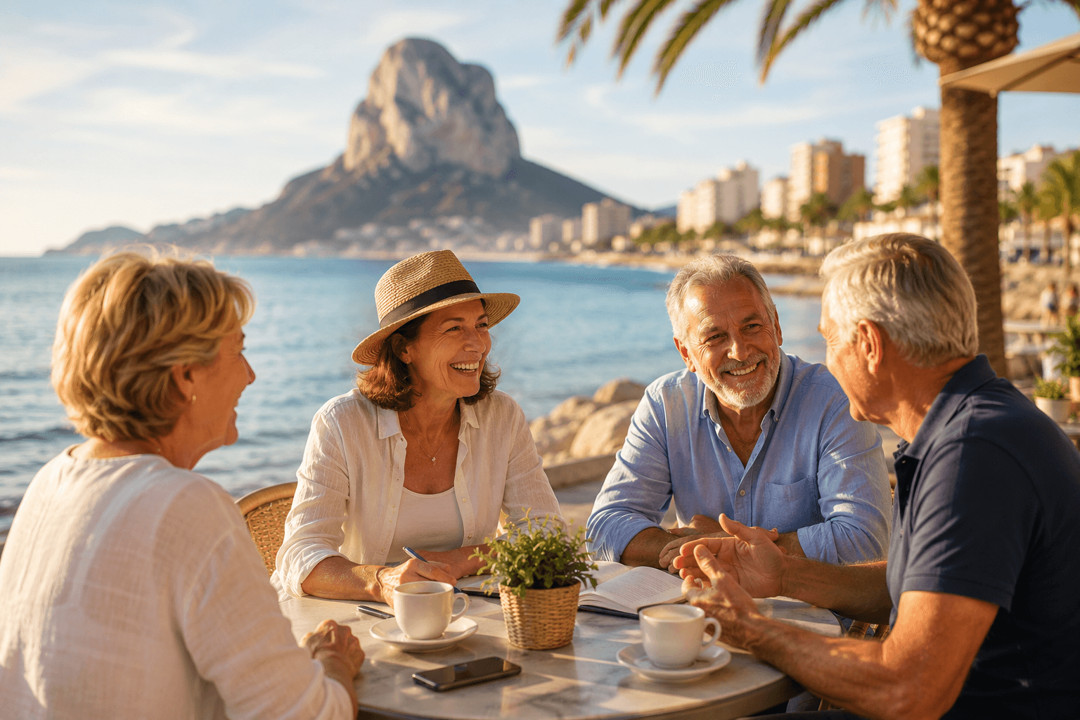 Vier Erwachsene sitzen in einer entspannten Gesprächsgruppe direkt am Meer in Calpe und unterhalten sich bei Kaffee mit Blick auf den Ifach.