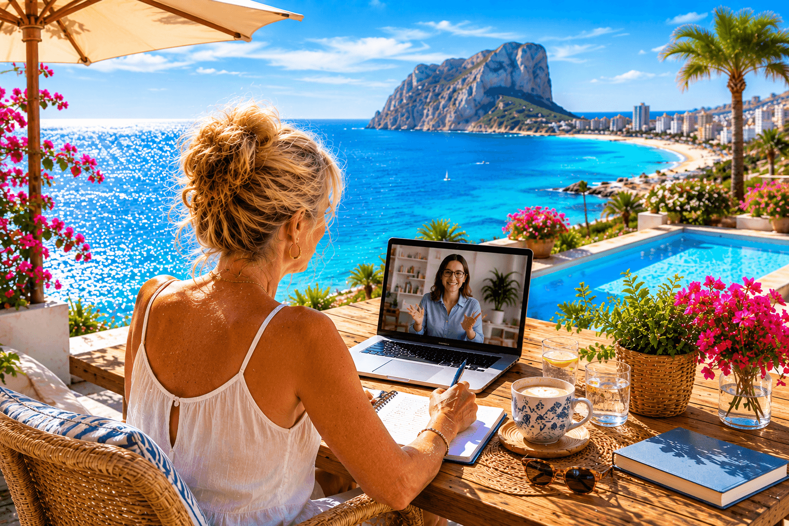 Eine Frau nimmt an einem Online-Sprachkurs teil und lernt mit Laptop, Kaffee und Meerblick in entspannter Atmosphäre an der Costa Blanca.