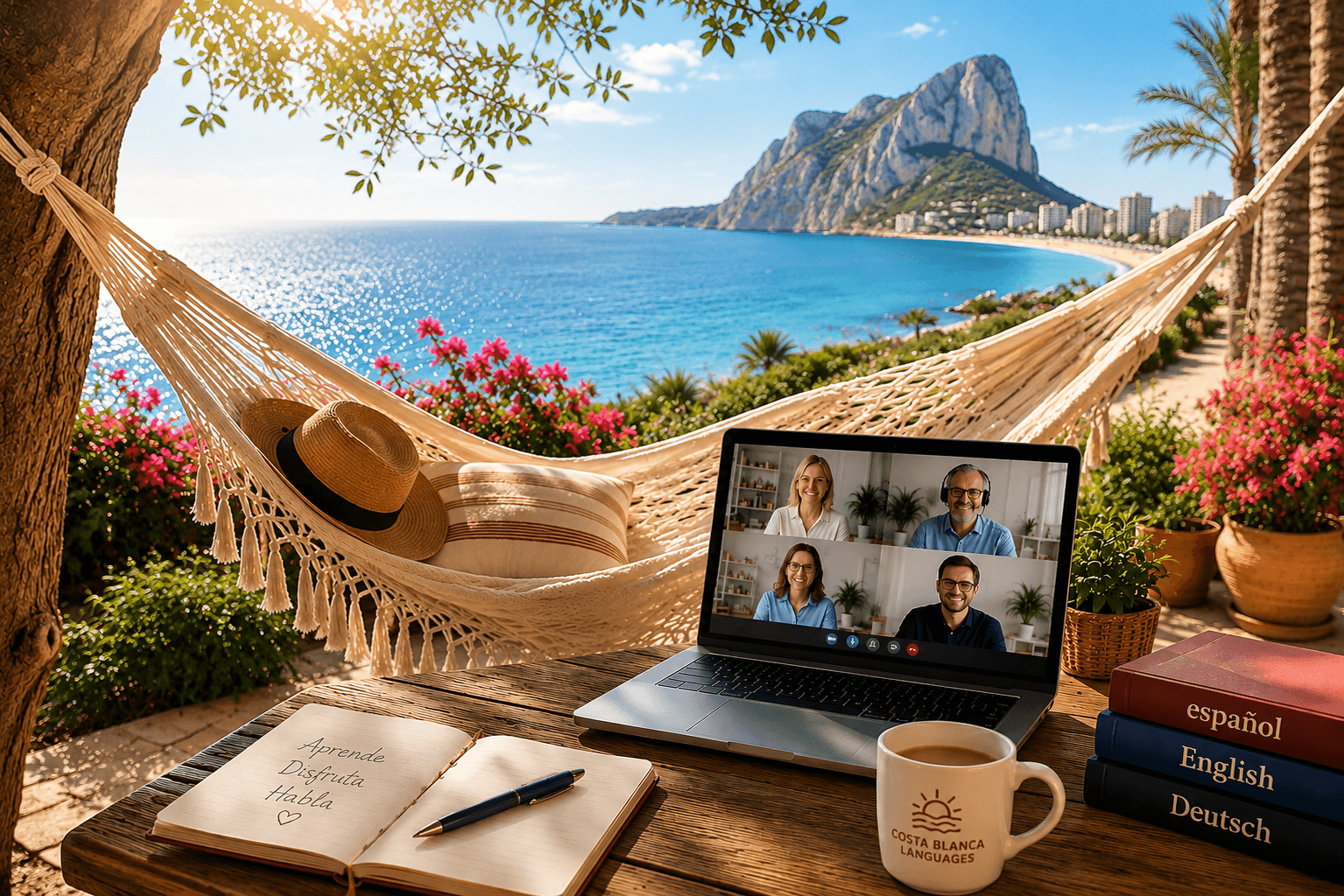 Laptop mit vier Teilnehmern eines Online-Sprachkurses auf einer sonnigen Terrasse mit Hängematte, Costa-Blanca-Tasse und Blick auf das Meer und den Ifach in Calpe.