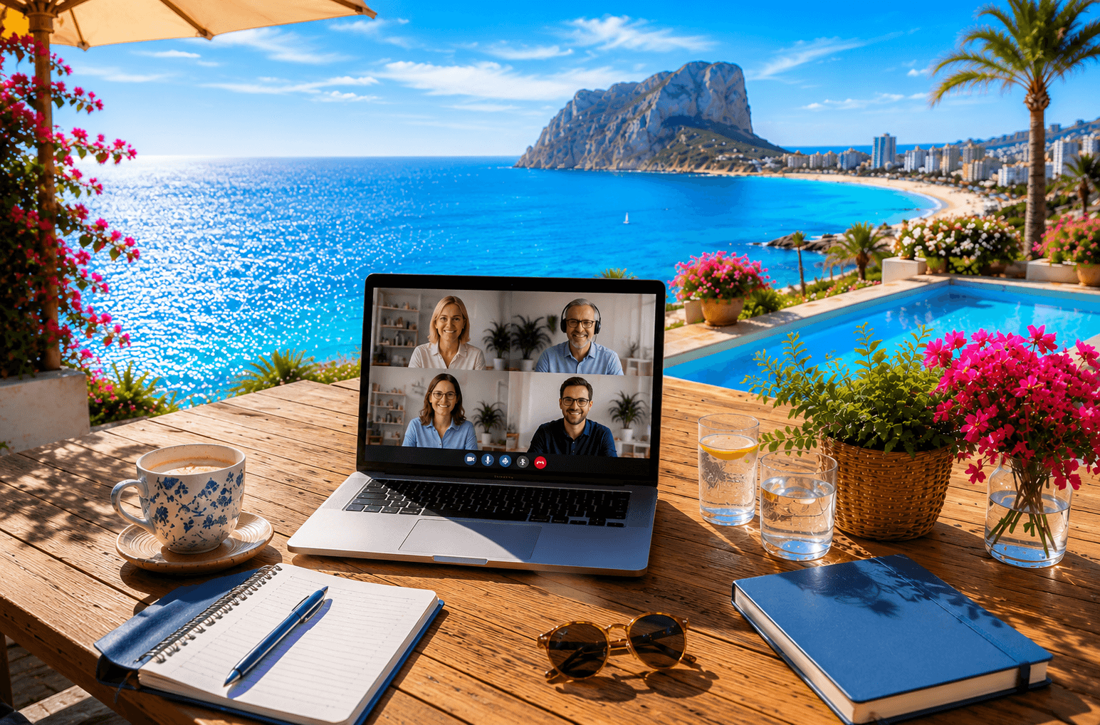 Laptop mit Online-Gesprächsgruppe auf einer sonnigen Terrasse mit Meerblick, Pool, Blumen und Blick auf den Ifach in Calpe.