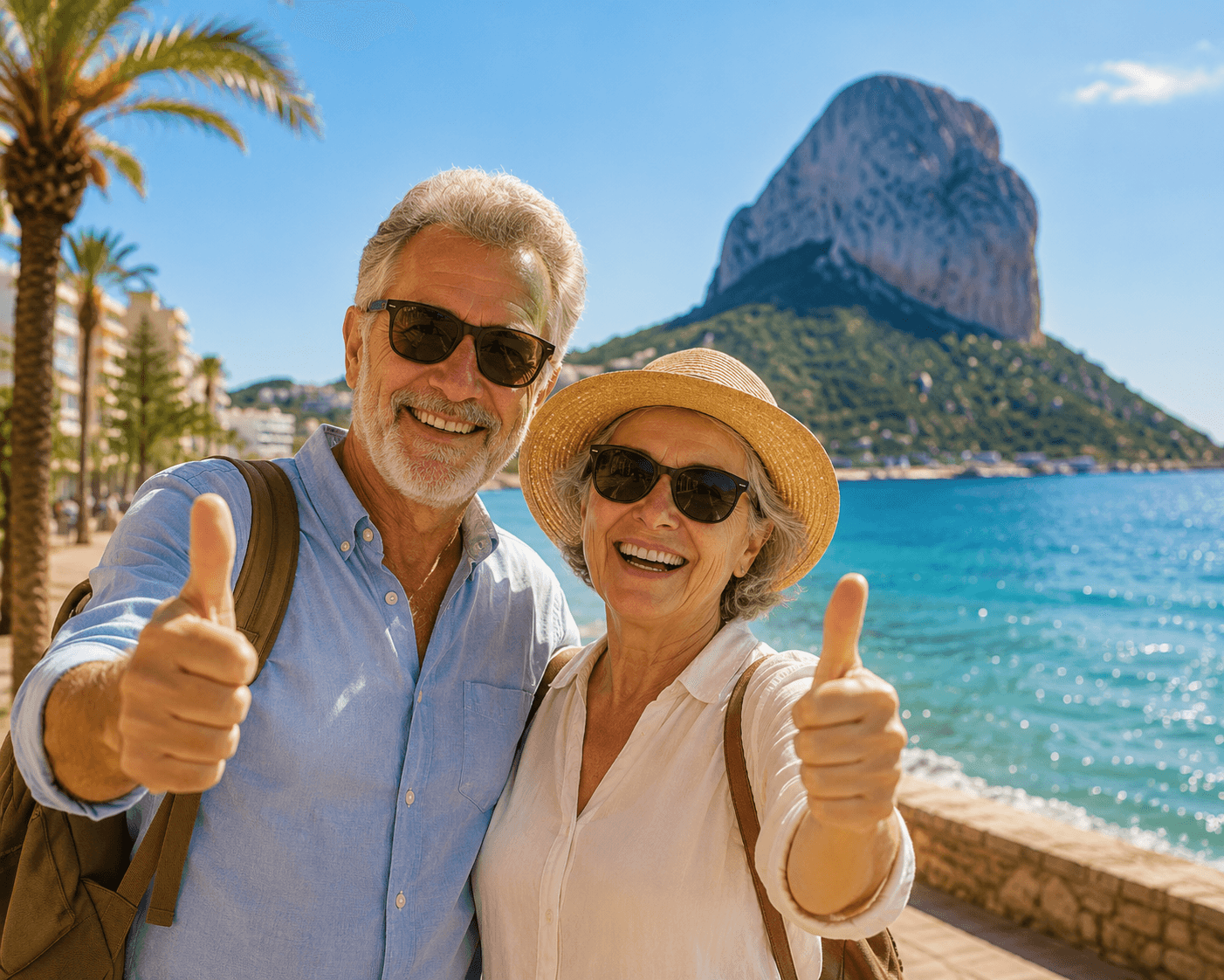Ein glückliches Paar zeigt mit erhobenem Daumen auf die wunderschöne Küste von Calpe und fühlt sich an der Costa Blanca zuhause.