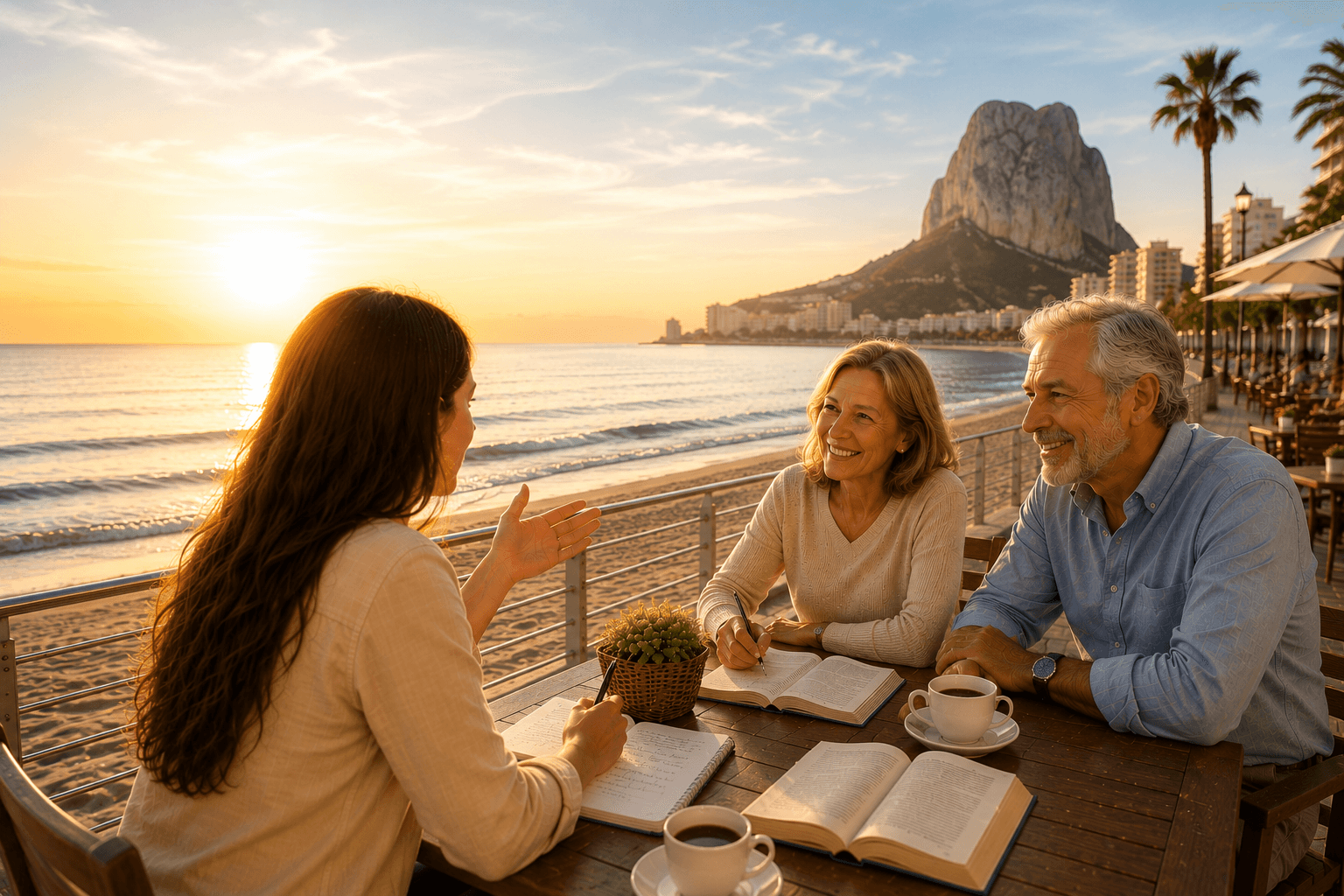 Drei Personen lernen gemeinsam eine Sprache an einem Tisch direkt am Meer in Calpe.