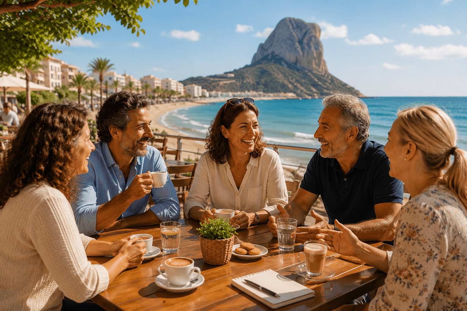 Drei Personen sitzen in einem Café am Meer in Calpe und sprechen gemeinsam in entspannter Atmosphäre.