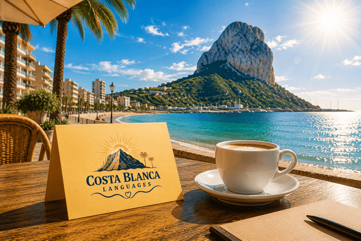 Tischkarte mit dem Logo von Costa Blanca Languages auf einem Café-Tisch mit Kaffeetasse, Meerblick und dem Peñón de Ifach in Calpe